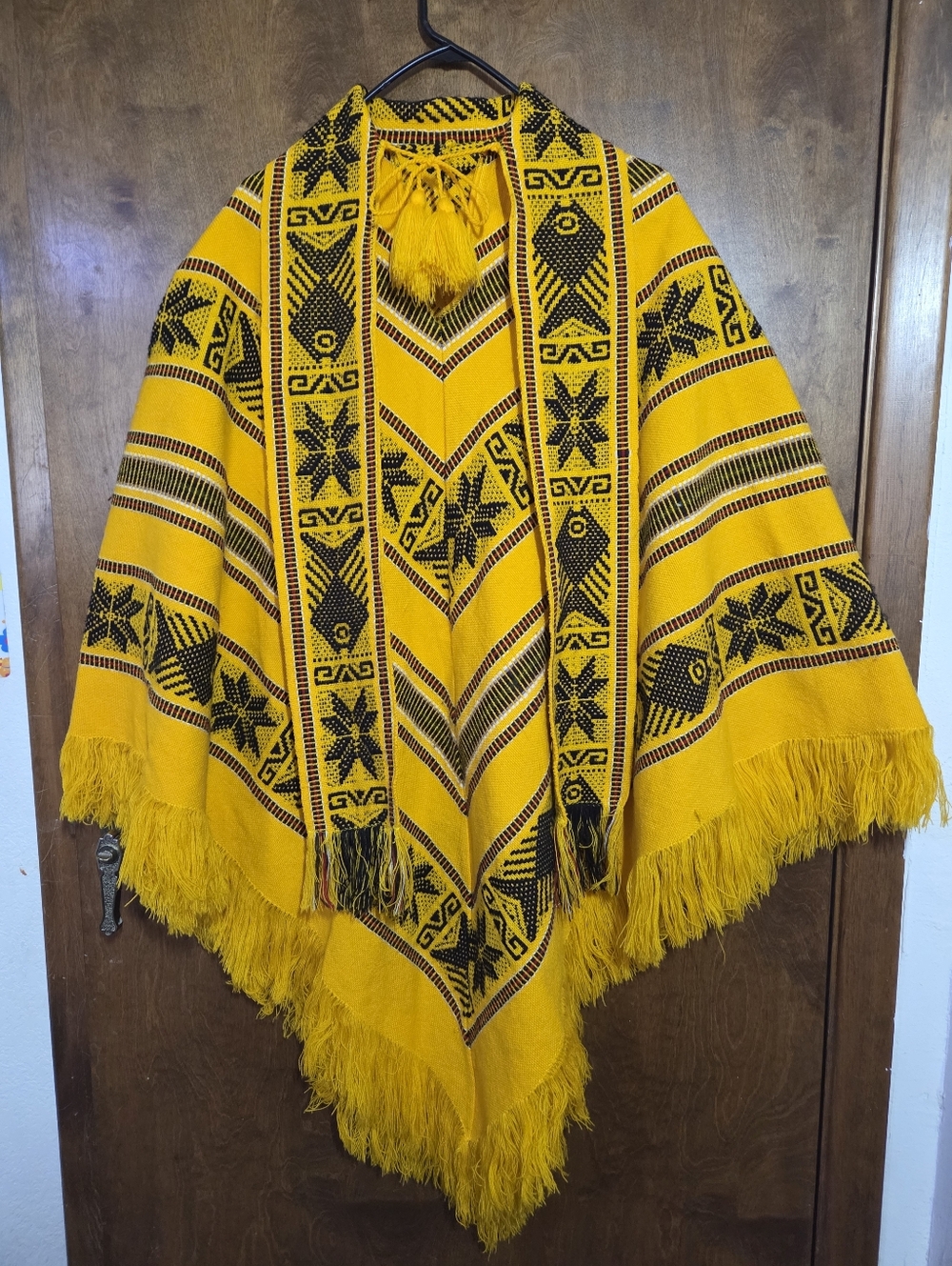 Mexican Traditional Poncho Yellow & Black Geometric Fish Floral Patterns OSFM